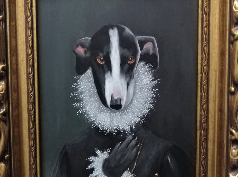 The greyhound with the paw on the chest