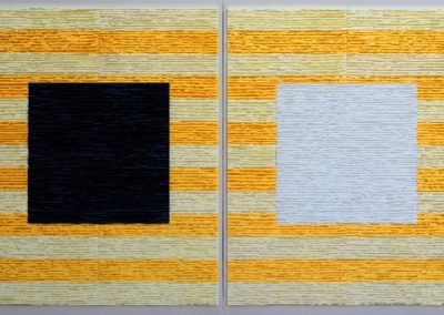 Black and white squares on striped background