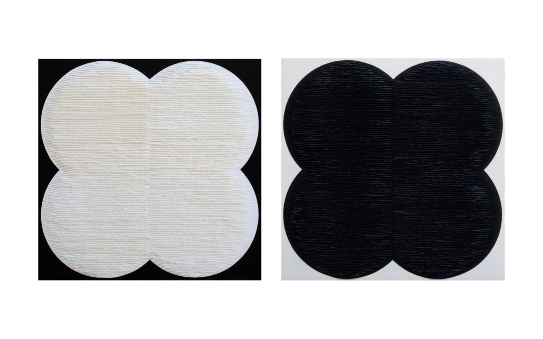 Diptych. Black and white flower shapes on black and white background